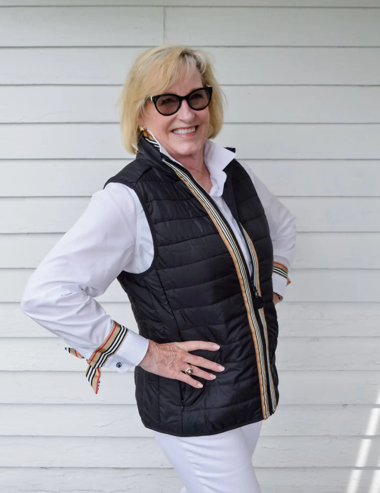 Pearly Vine Audrey Button Down Shirt with Khaki Stripe Ribbon