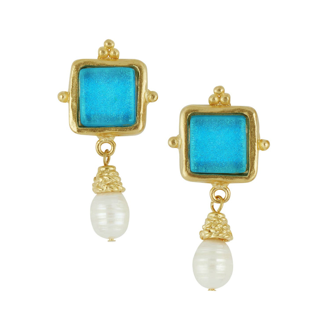 Susan Shaw Gold/Turquoise Glass + Pearl Earrings