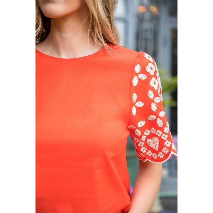 Short Sleeve Embroidered Detail Top in Red by THML