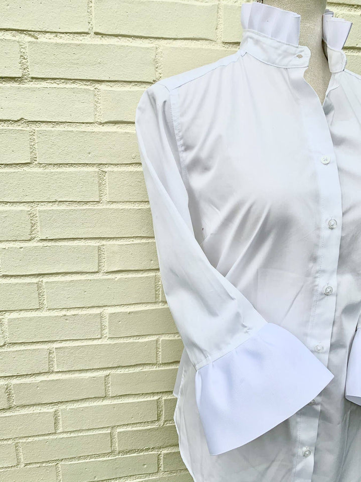 Pearly Vine Barbara Ann Poplin Ribbon Trim 3/4 Sleeve White Blouse