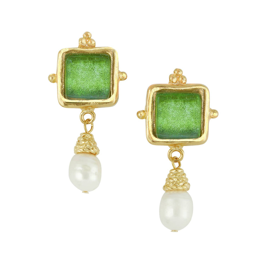 Susan Shaw Gold/Green Glass + Pearl Earrings