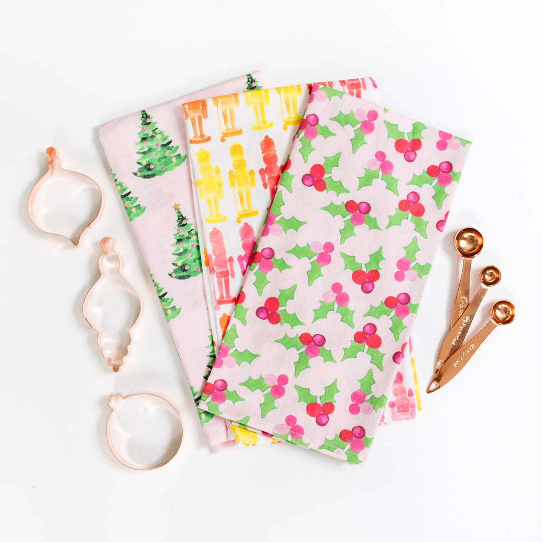 Pink Christmas Tea Towel | Christmas Trees on Pink Tea Towel