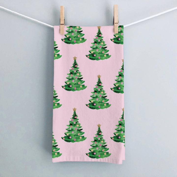 Pink Christmas Tea Towel | Christmas Trees on Pink Tea Towel