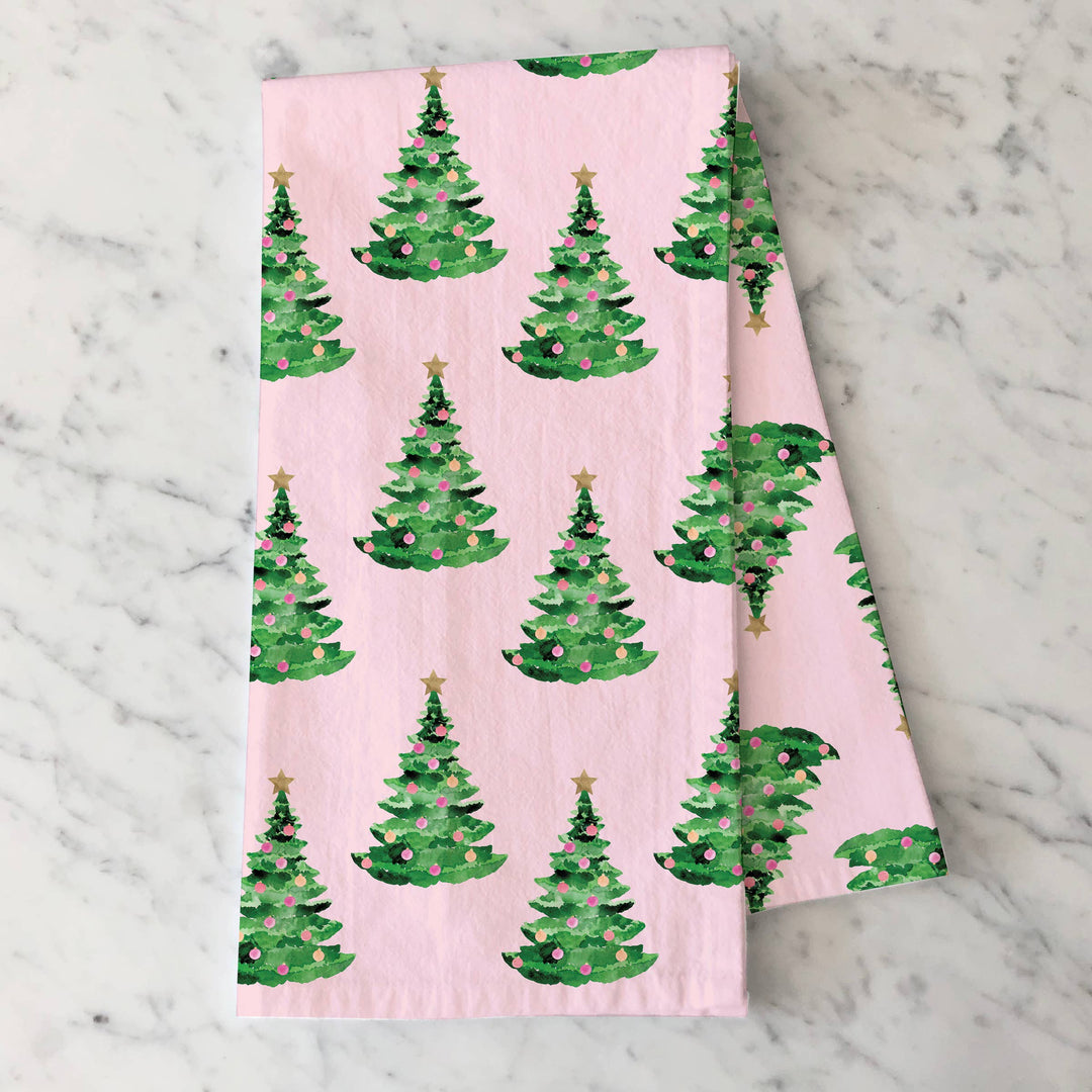 Pink Christmas Tea Towel | Christmas Trees on Pink Tea Towel